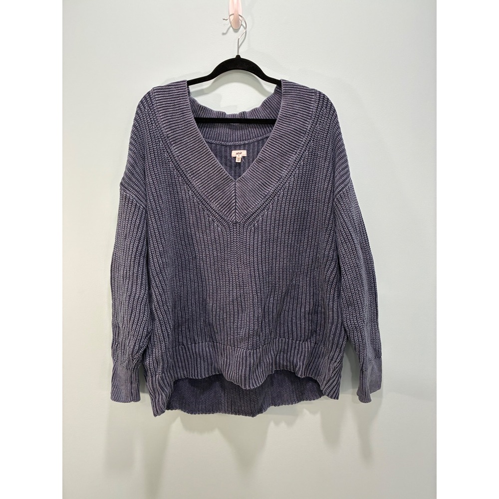 Aerie Womens XL Blue Purple V-Neck Shaker Stitch Oversized Knit Sweater Slouchy